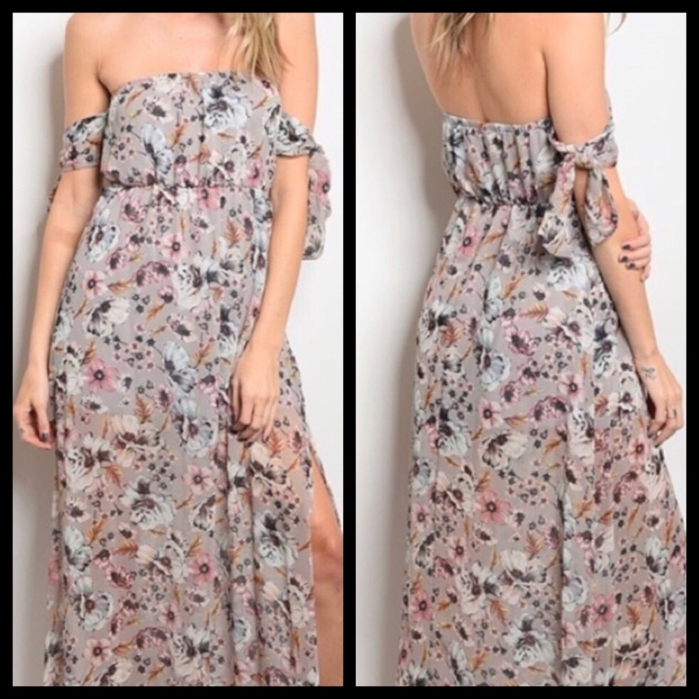 OFF THE SHOULDER MAXI DRESS WHITE & PINK FLOWERS - Picture 1 of 3